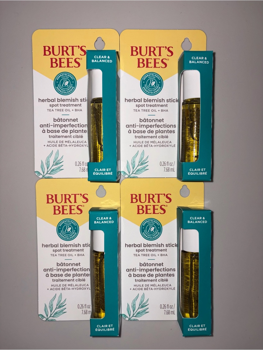 4 Burt's Bees Herbal Blemish Stick Tea Tree Oil/BHA for On the Go Acne Treatment
